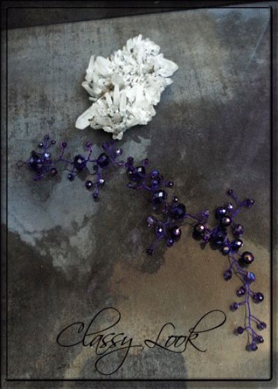 Дизайнерска украса за коса с кристали- Cassiopea 22 см- тъмно лилаво
